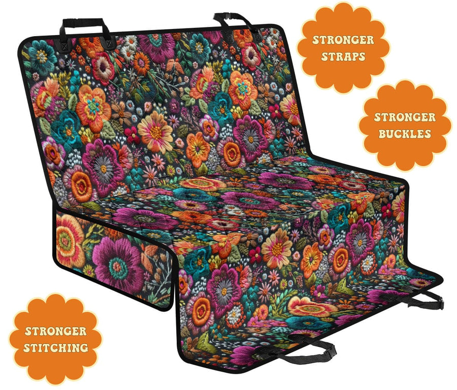 Purple Flowers Dog Car Seat Covers with its main features labelled