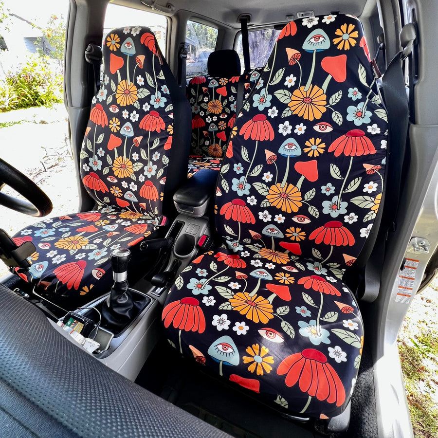 Hippie Mushroom On Black Car Seat Covers fitted on car seats (view 2)