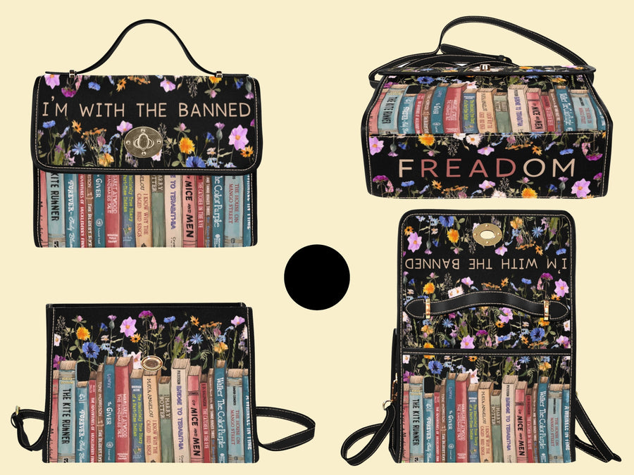Banned Books satchel bag in black, front, side and back views