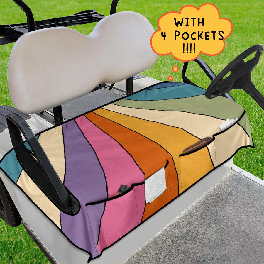 Retro Rainbow Golf Cart Seat Cover fitted on a golf cart seat