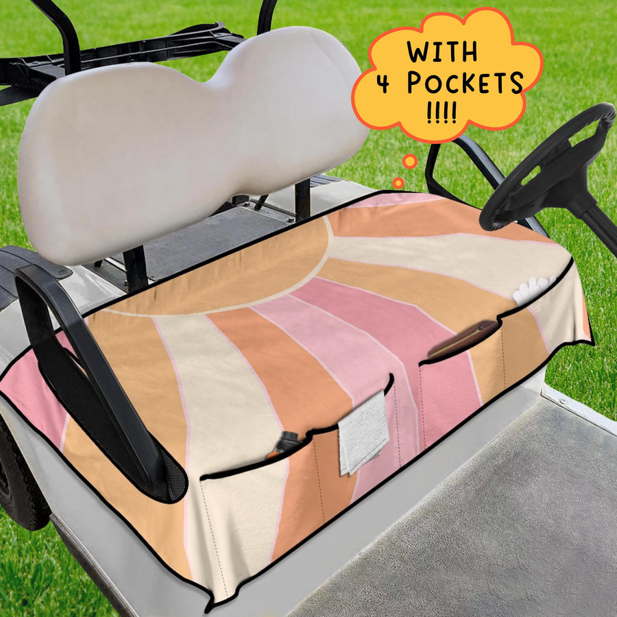 Pastel Retro Sunrise Golf Cart Seat Cover fitted on a golf cart seat