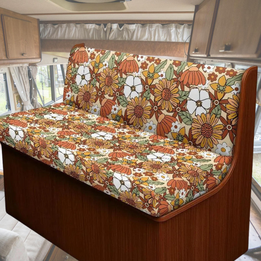 Retro 70s Flowers RV Bench Seat Cover fitted on an RV dinette bench seat