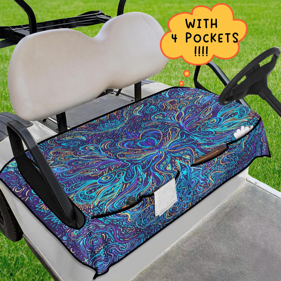Psychedelic Blue Swirl Golf Cart Seat Cover fitted on a golf cart seat
