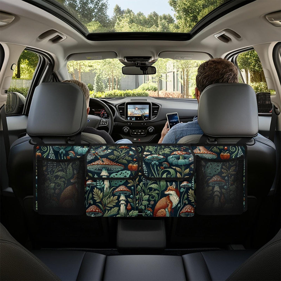 Woodland Fox Car Trunk Organiser hanging on the back of a car seat