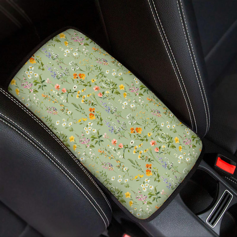 Sage Green Wildflowers Car Console Cover fitted on a car centre console