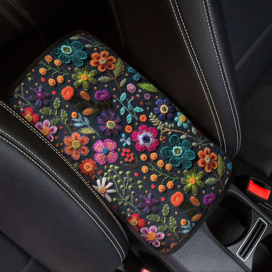 Purple Flowers Faux Embroidery Car Console Cover fitted on a car centre console
