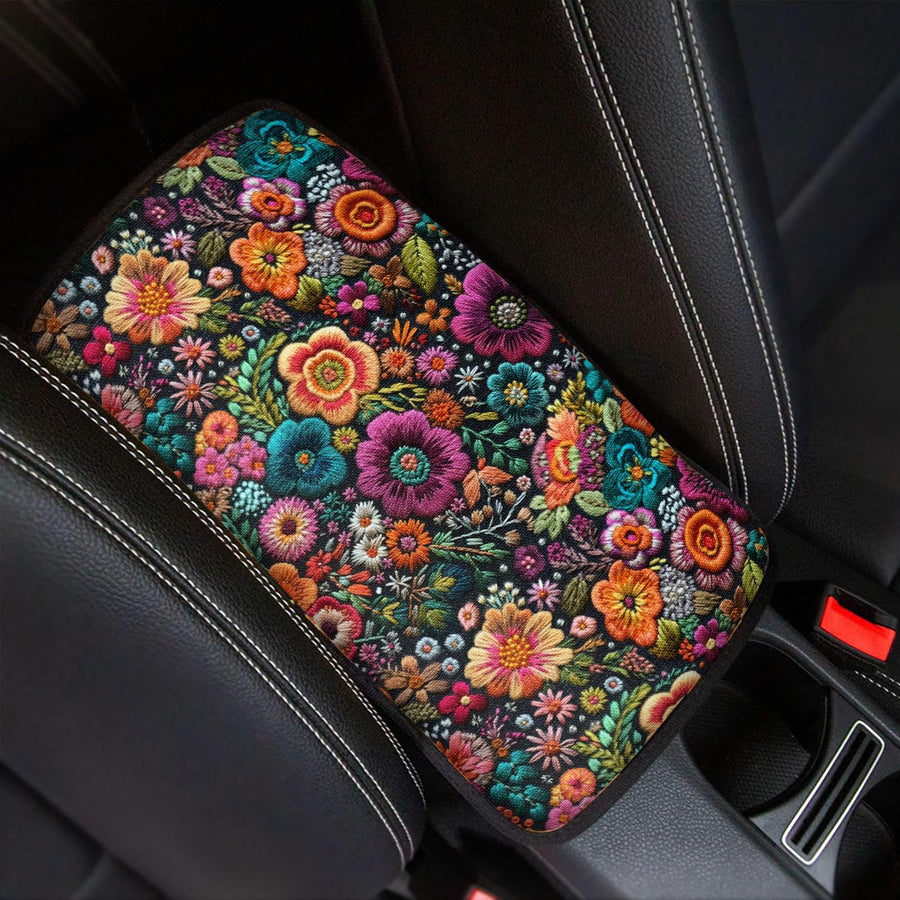 Orange Flowers Faux Embroidery Car Console Cover fitted on a car centre console