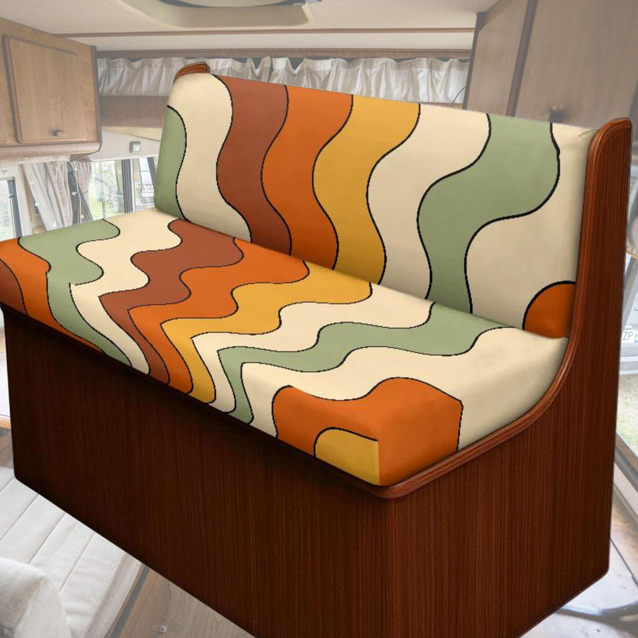 Cascading Retro Vibes RV Bench Seat Cover fitted on an RV dinette bench seat