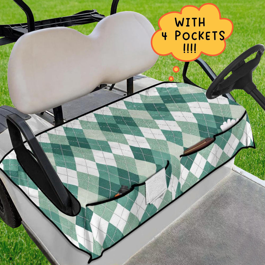 Green Argyle Golf Cart Seat Cover fitted on a golf cart seat