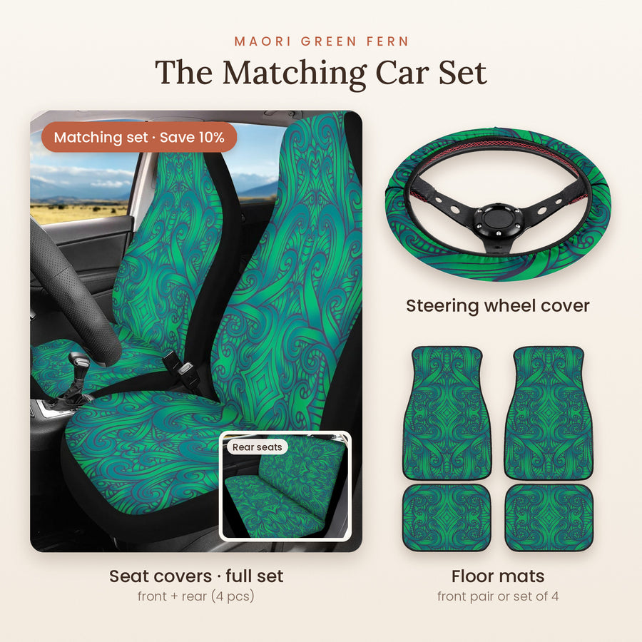 Maori Green Fern Matching Car Set: seat covers full set, steering wheel cover and floor mats