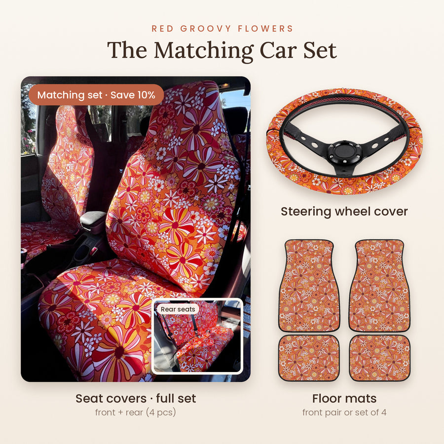 Red Groovy Flowers Matching Car Set: seat covers full set, steering wheel cover and floor mats