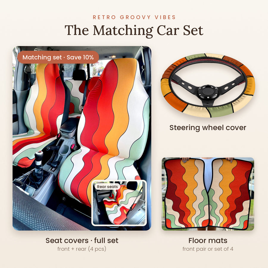 Retro Groovy Vibes Matching Car Set: seat covers full set, steering wheel cover and floor mats