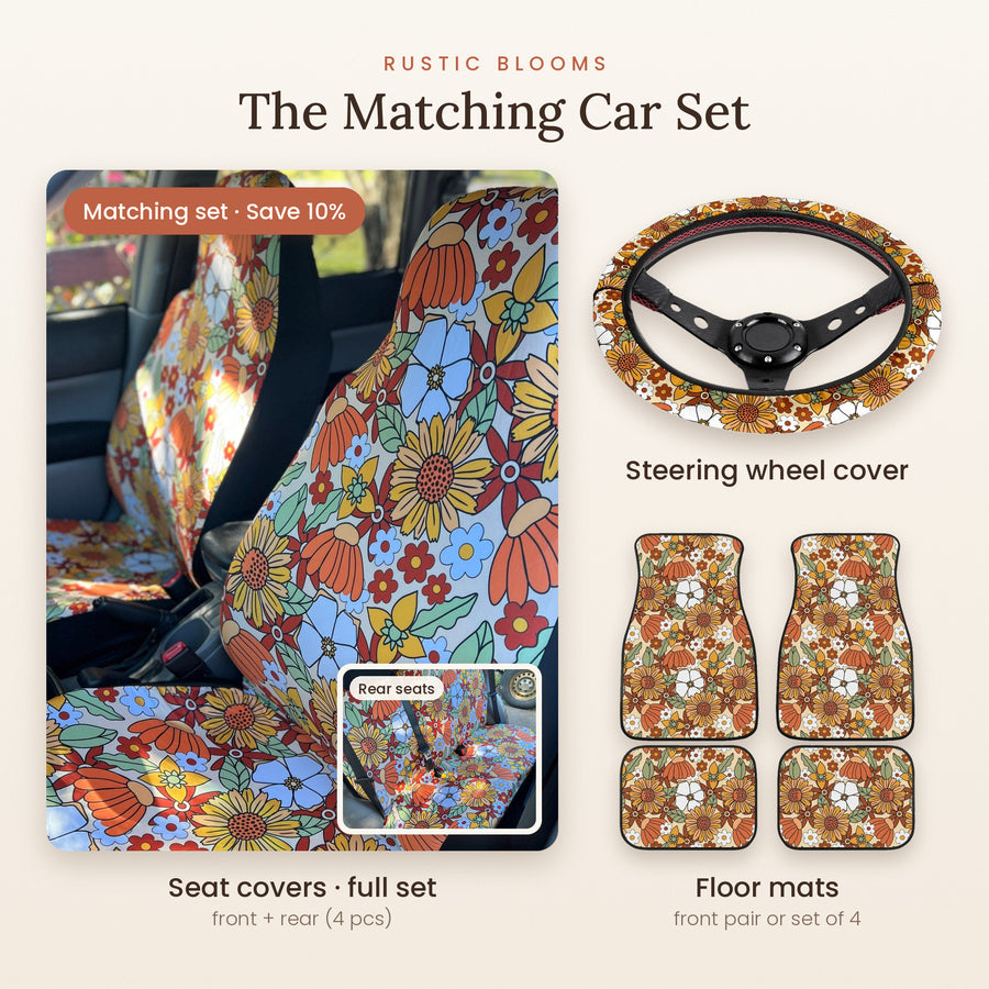 Rustic Blooms Matching Car Set: seat covers full set, steering wheel cover and floor mats