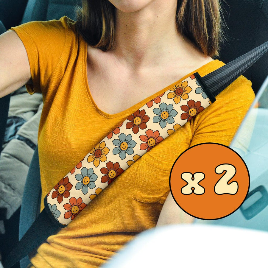 Smiling Flowers Seat Belt Covers (Set of 2) on a car seat belt
