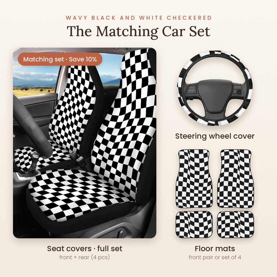 Wavy Black and White Checkered Matching Car Set: seat covers full set, steering wheel cover and floor mats