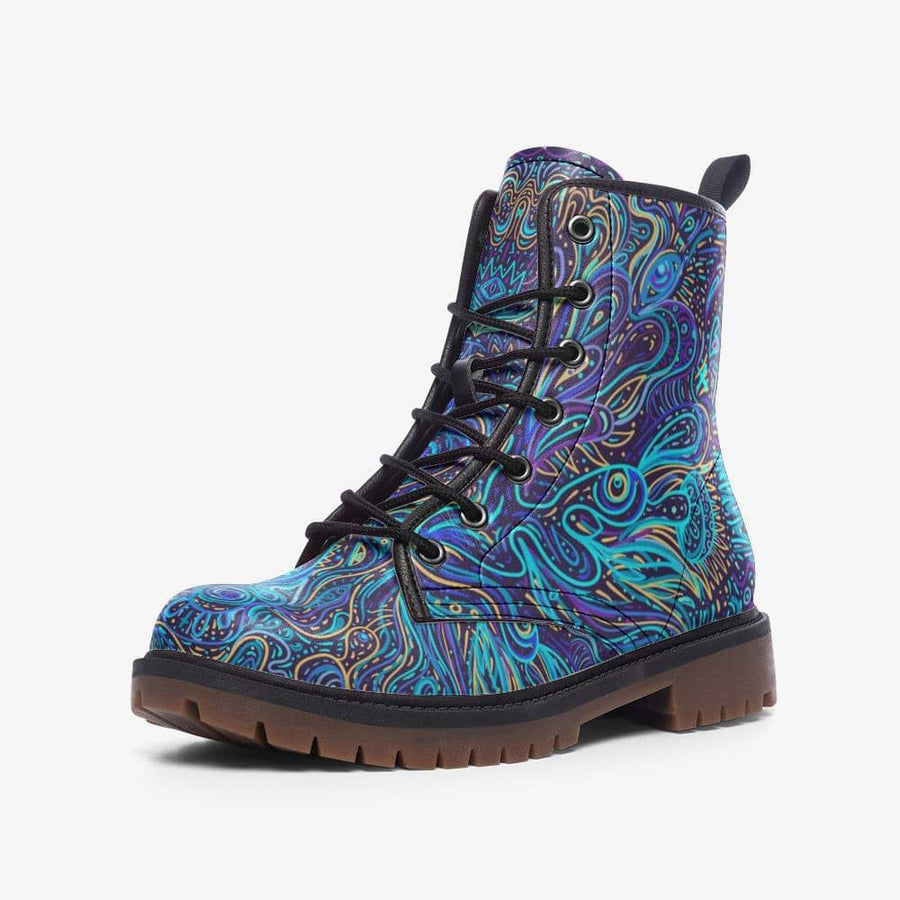 Trippy Blue Combat Boots, Psychedelic Design | Raiana’s Vibes