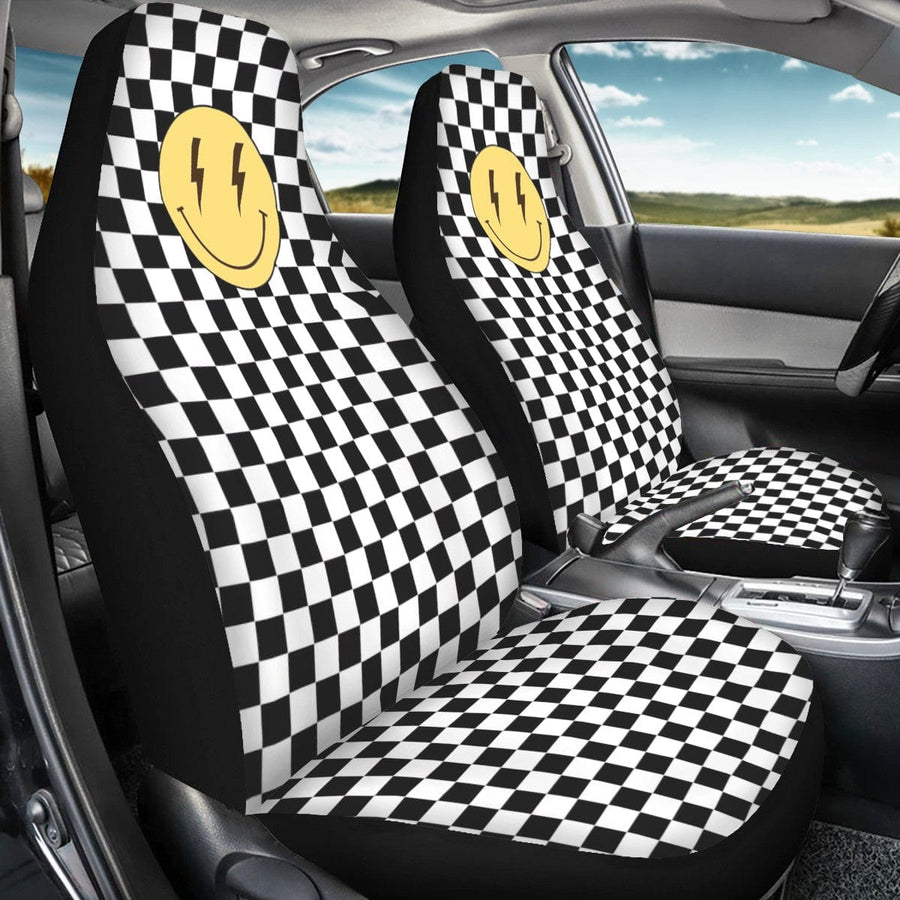 Black and White Checkered Lightning Bolt Smiling Face Premium Car Seat Covers (Set of 2) fitted on front car seats