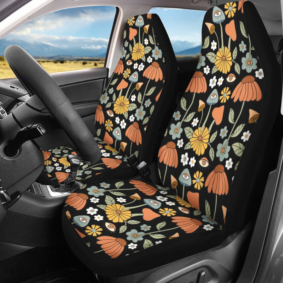 Hippie Mushroom On Black Faux Suede Car Seat Covers (Set of 2) fitted on front car seats