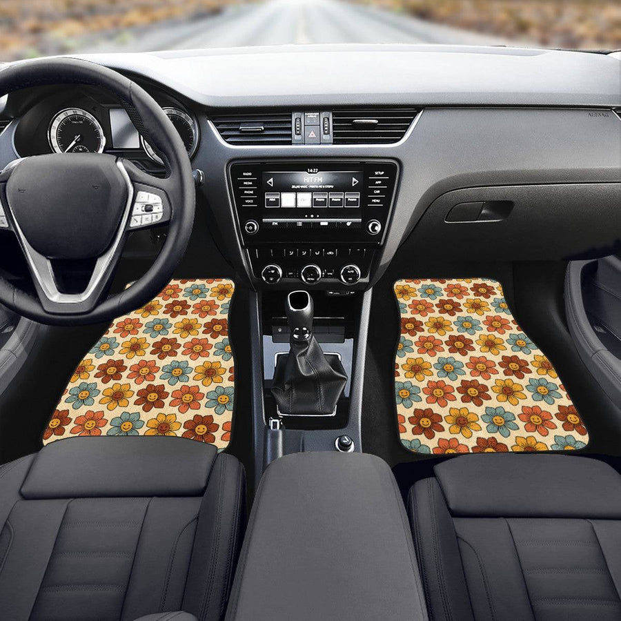 Retro 1970s Smiling Flowers Car Floor Mats, front mats fitted in a car