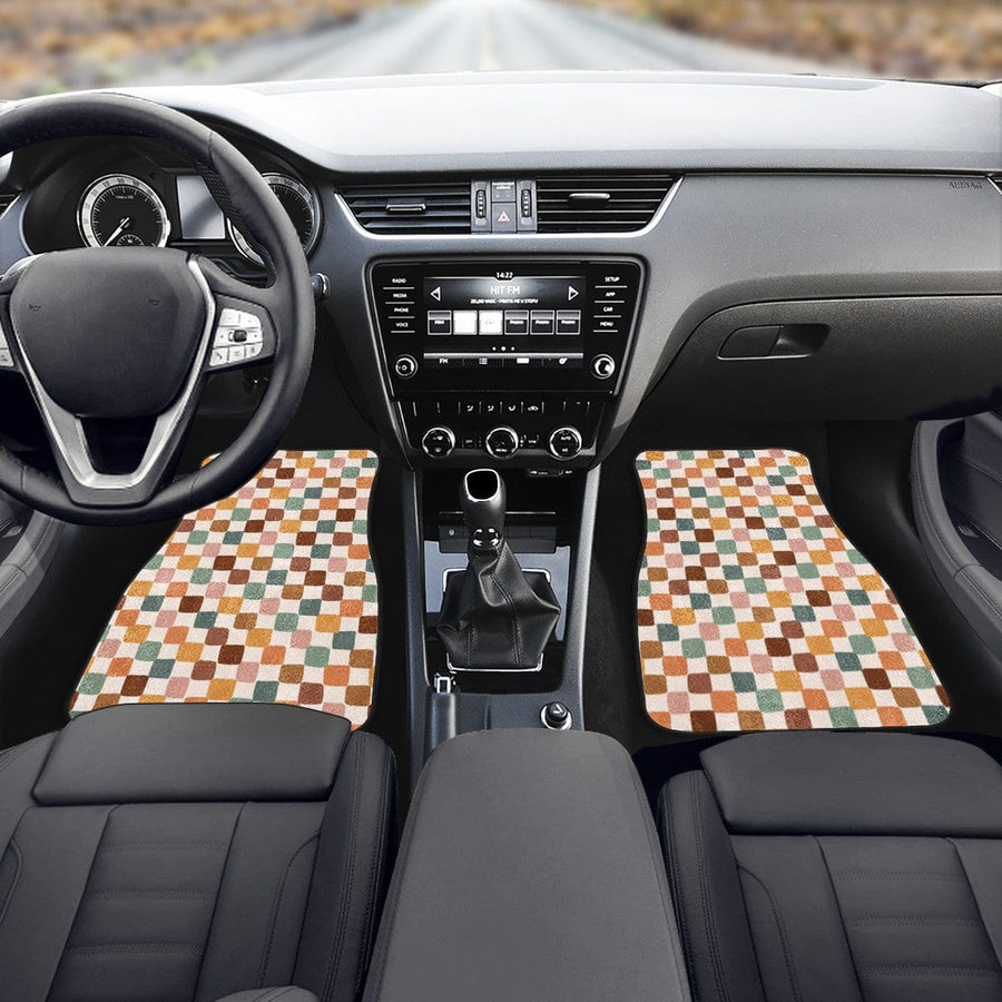 Boho Checkered Car Floor Mats, front mats fitted in a car