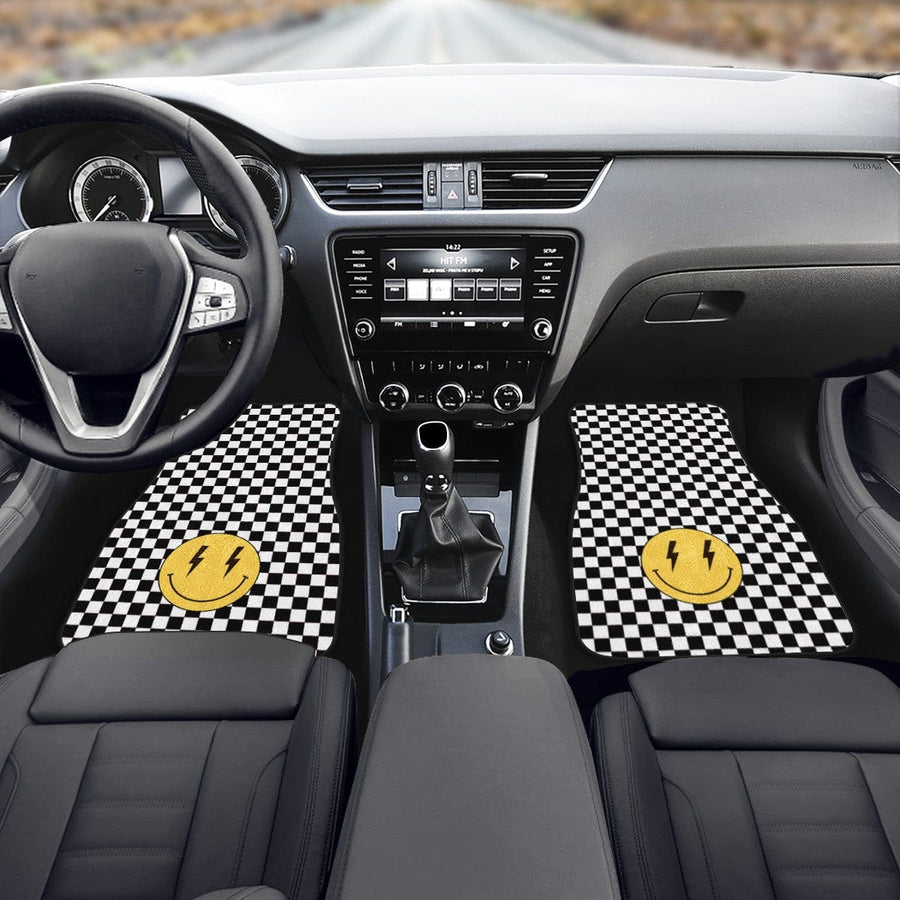 White Checkered Lightning Bolt Smiling Face Car Floor Mats, front mats fitted in a car