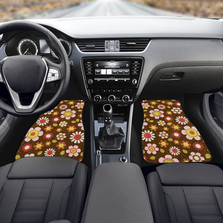 Retro Brown Daisy Mod Car Floor Mats, front mats fitted in a car