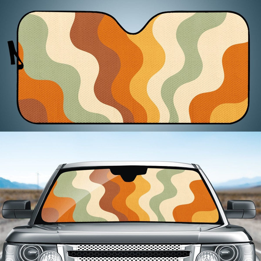 Retro Groovy Vibes Non Outlined Car Shade open and fitted in a car windscreen