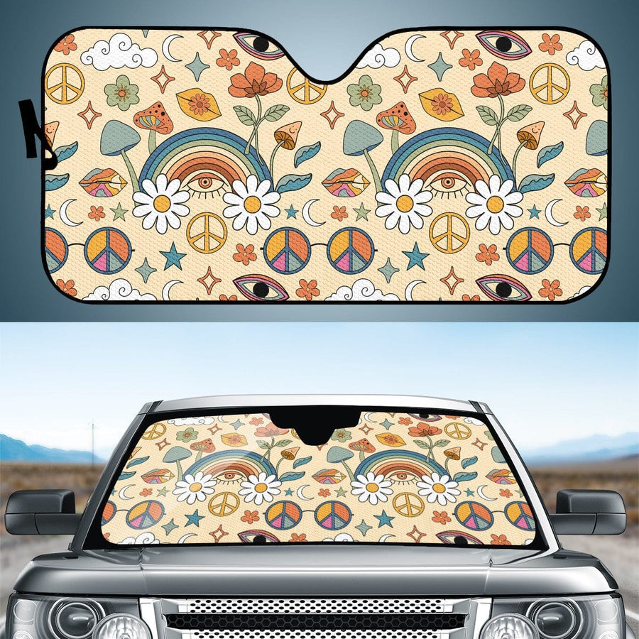 Peace And Love Car Shade open and fitted in a car windscreen