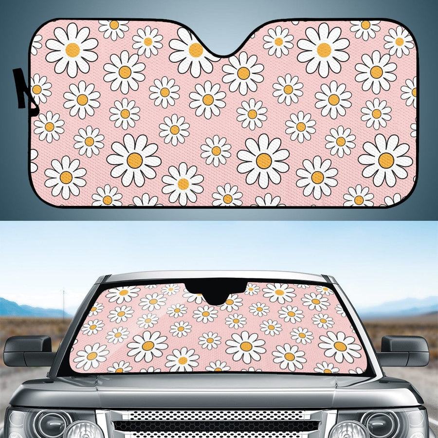 Pink Daisy Car Shade open and fitted in a car windscreen