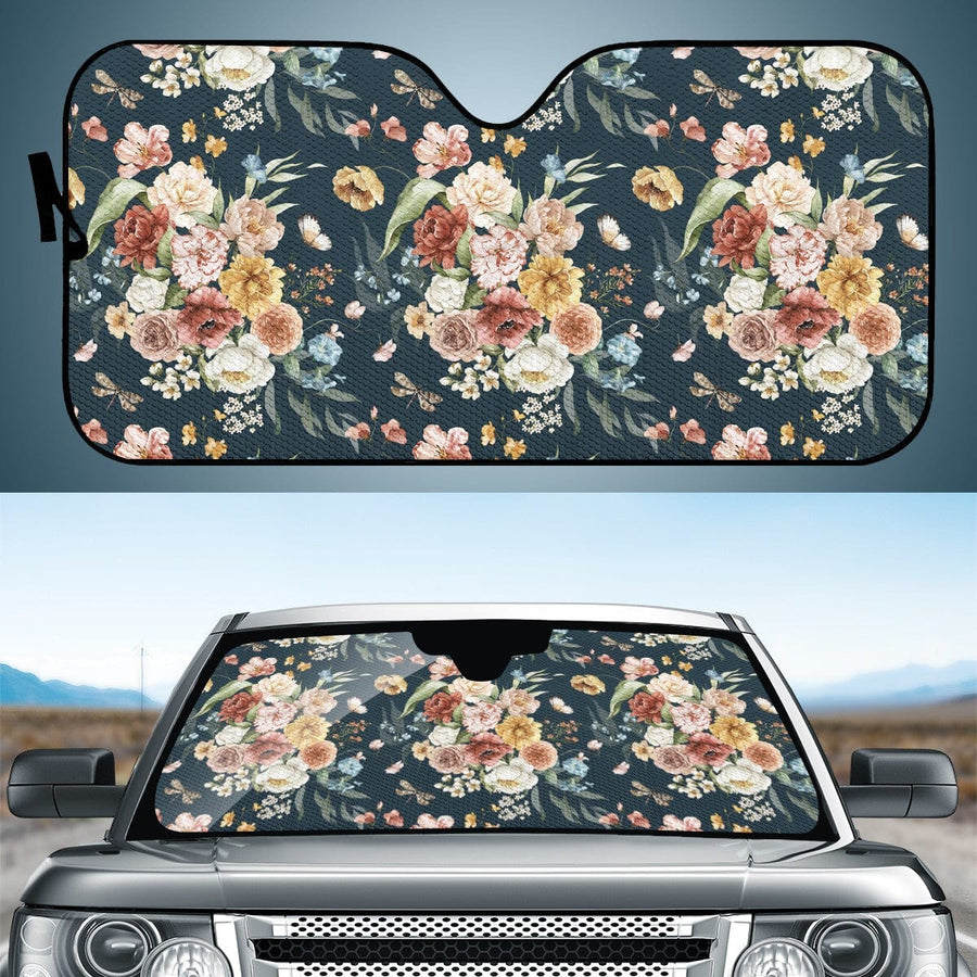 Colorful Blush Car Shade open and fitted in a car windscreen