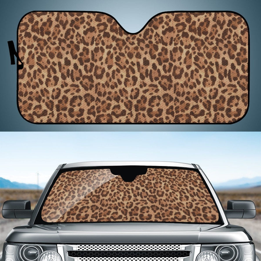 Leopard Car Shade open and fitted in a car windscreen
