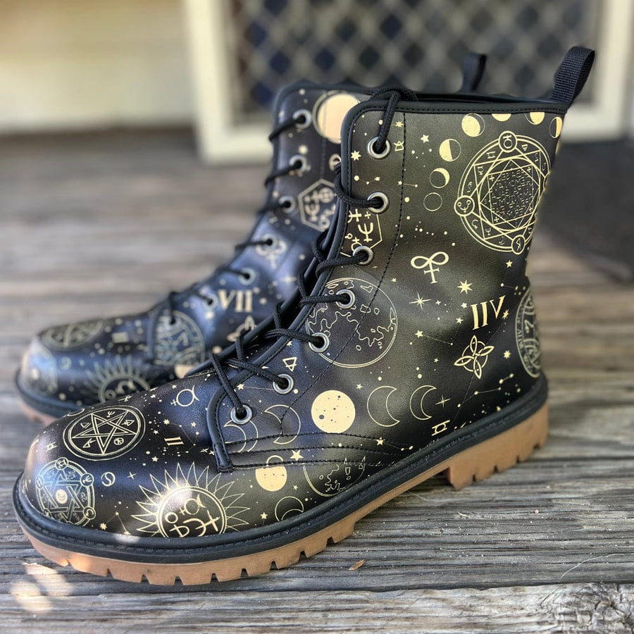Black And Sand Celestial Combat Boots worn by a model