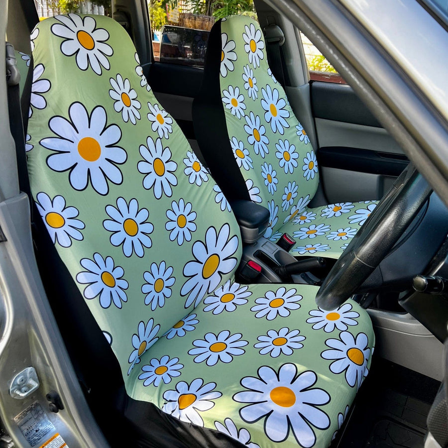 Sage Green Daisy Car Seat Covers fitted on car seats (view 3)