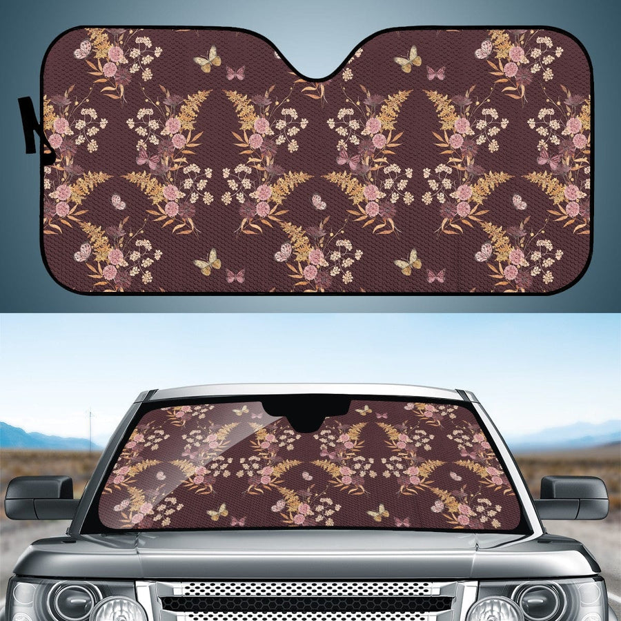 Wine Arabesque Car Shade in a car windscreen and on its own