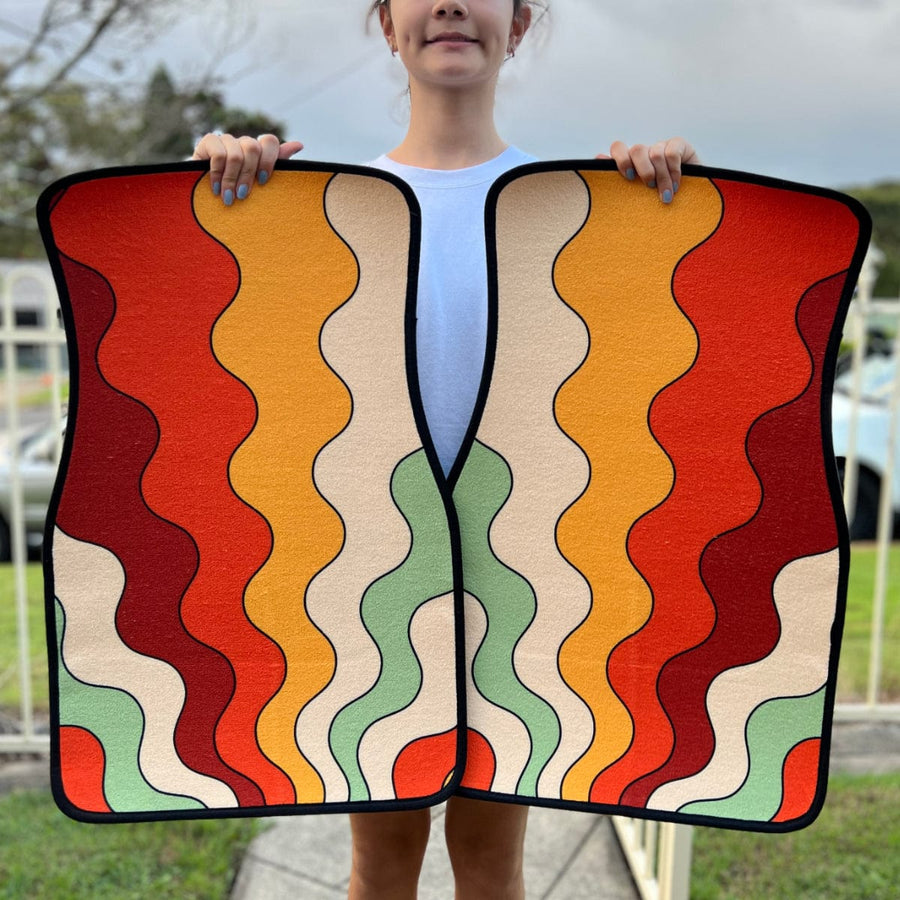 Retro Groovy Vibes Car Floor Mats held up to show the print