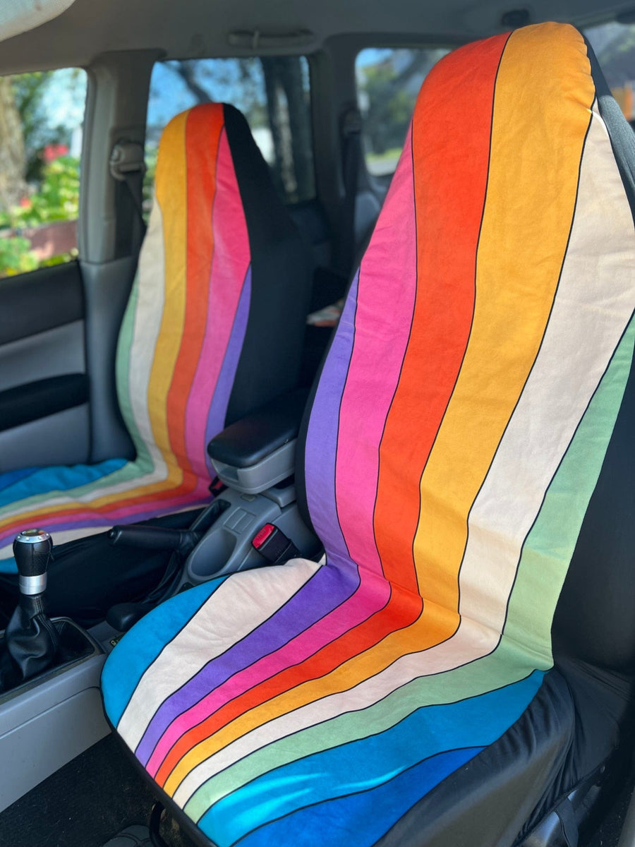 Retro Sun Rays Faux Suede Car Seat Covers (Set of 2) fitted on car seats