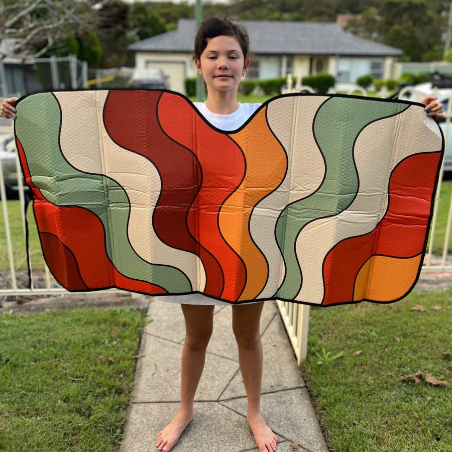 Retro Groovy Vibes Car Shade opened out and held up