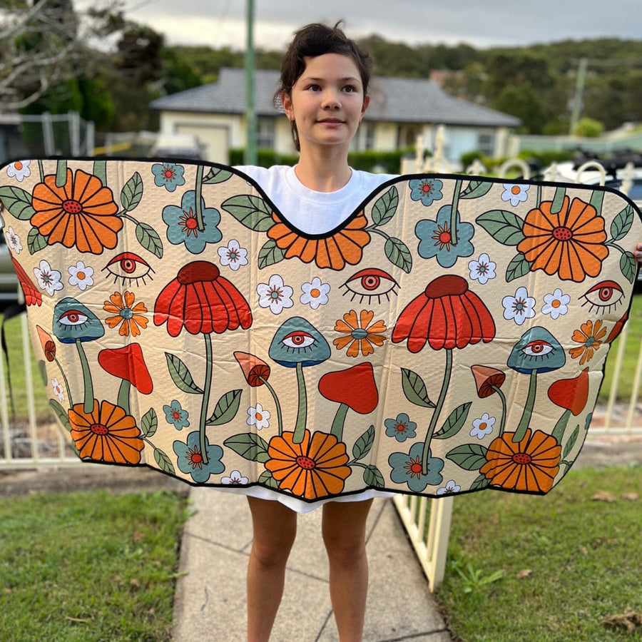 Hippie Mushroom Love Car Shade opened out and held up
