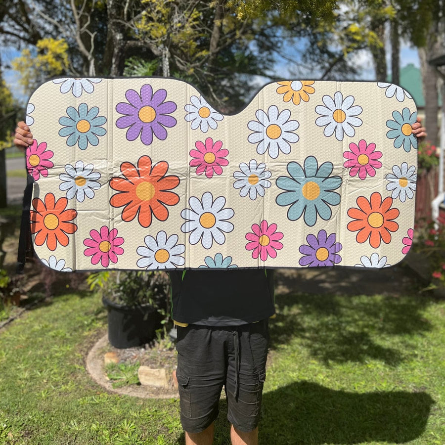 Boho Hippie Daisies Car Shade opened out and held up