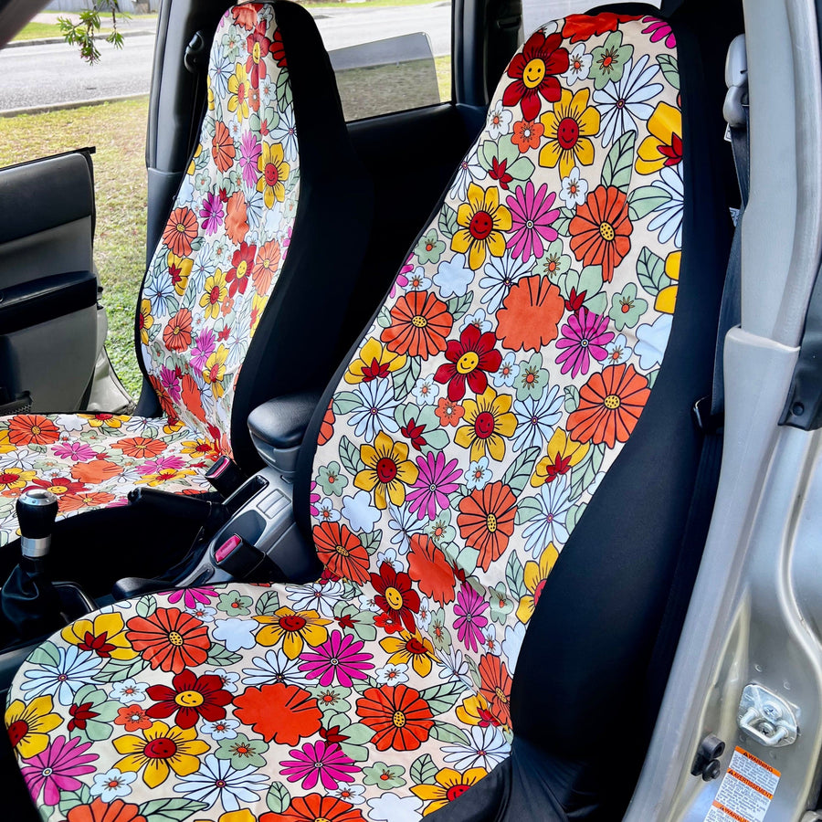 Hippie Flower Power Faux Suede Car Seat Covers (Set of 2) fitted on car seats