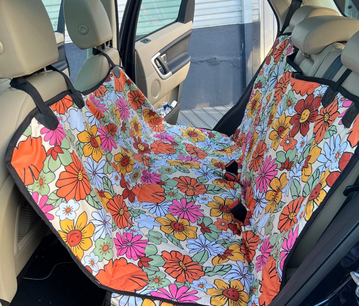 Retro Hippie Flowers Dog Hammock Back Seat Cover for Car Truck SUV White  Green 60's Boho Waterproof Pet Bench Seat Cargo Cover Protector 