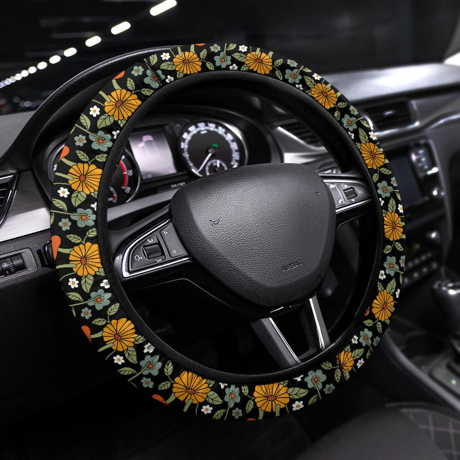 Hippie Mushroom on Black Steering Wheel Covers fitted on a steering wheel