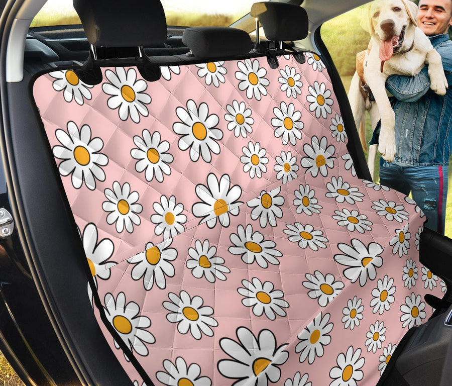 Pink Daisy Dog Car Seat Covers fitted across a car back seat as a hammock