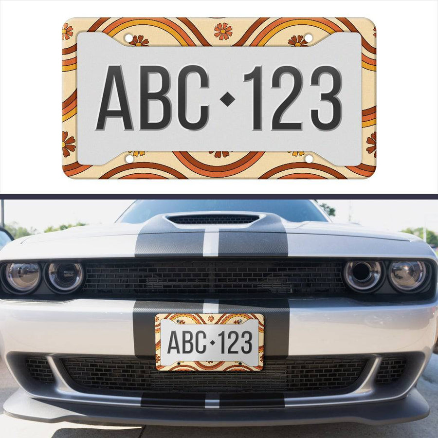 Retro Print License Plate Frame on its own and fitted on a car