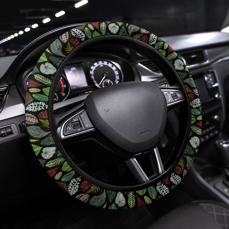 Tropical Leaf Print Steering Wheel Covers fitted on a steering wheel