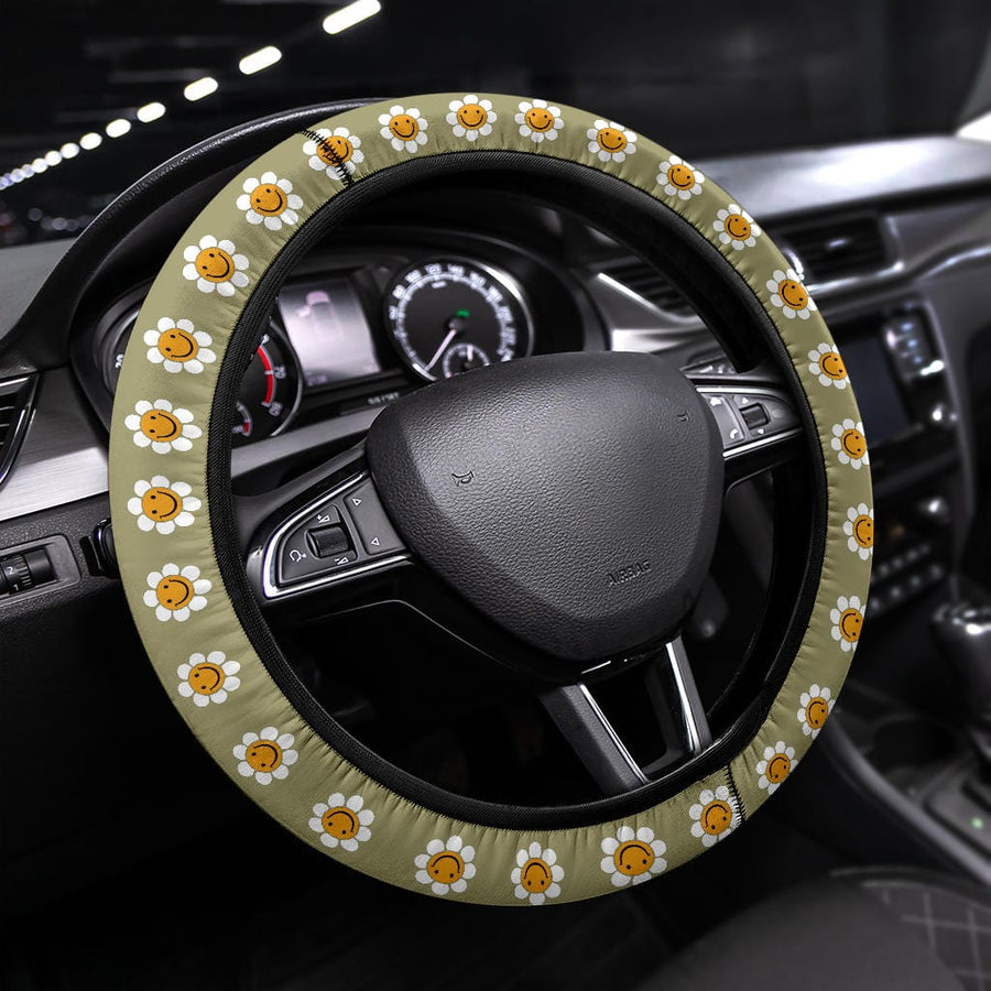 Sage Green Smiling Faces Steering Wheel Covers fitted on a steering wheel