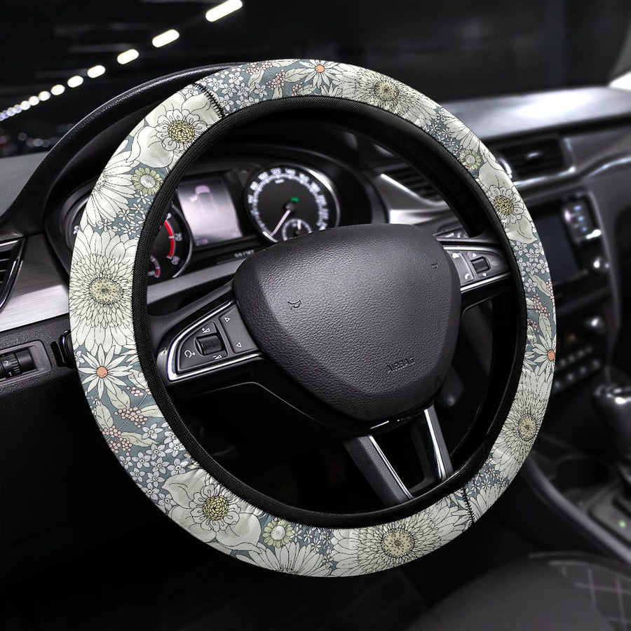 Snowy Field Of Flowers Steering Wheel Covers fitted on a steering wheel