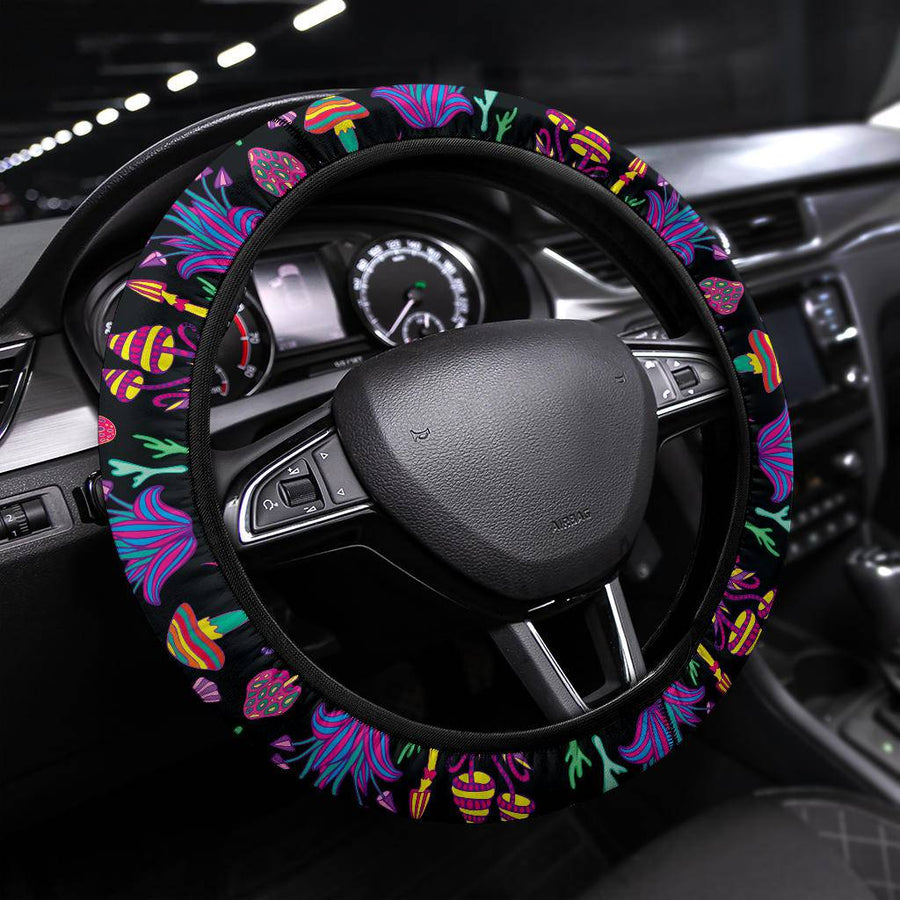 Trippy Mushrooms Steering Wheel Covers fitted on a car steering wheel
