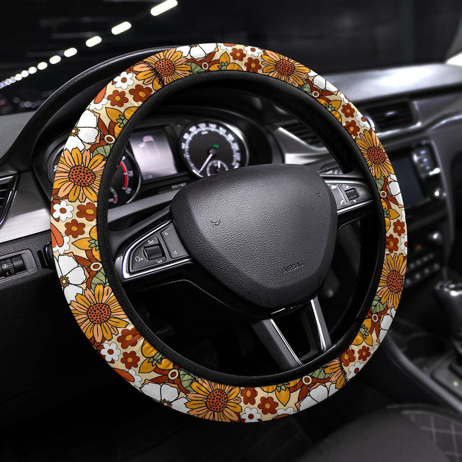 Rustic Blooms Steering Wheel Covers fitted on a car steering wheel