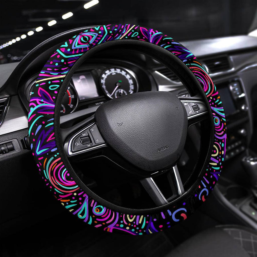 Trippy Psychedelic Purple Pink Steering Wheel Covers fitted on a car steering wheel